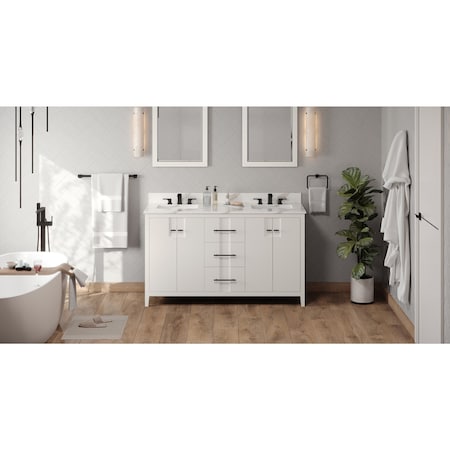 Jeffrey Alexander 60In. White Katara Vanity, Dbl Bowl, Calacatta Vienna Quartz Vanity Top, 2 Undrmnt Rctngl Bowls VKITKAT60WHCQR